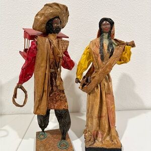 Vintage Handcrafted Paper Mache Figurines -  men carrying a bird cage